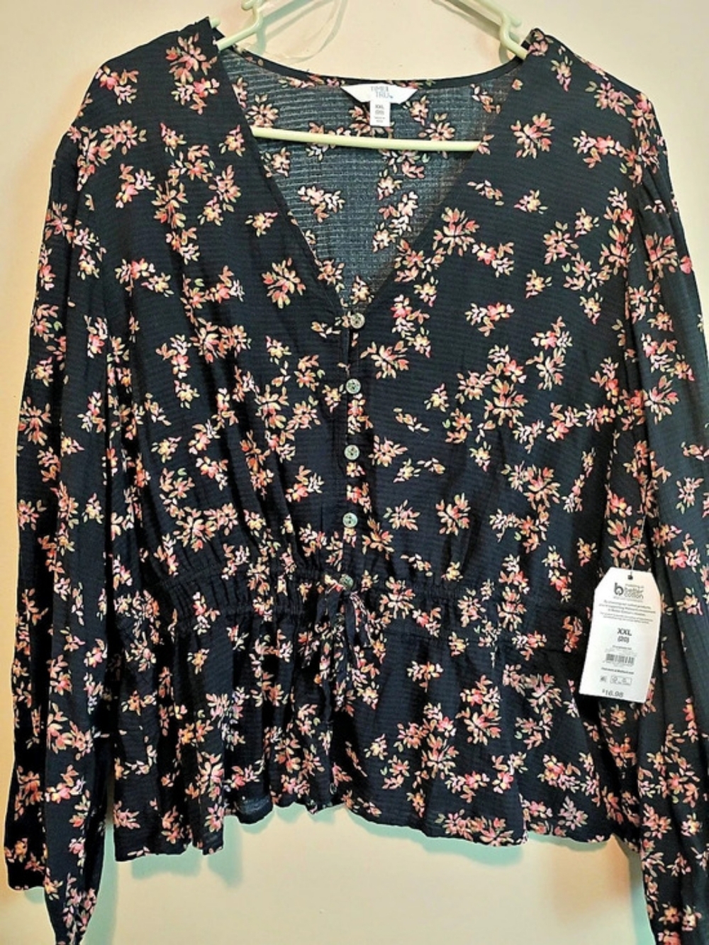 Time and Tru Floral Long Sleeve Top in Black & Pink XXL NWT